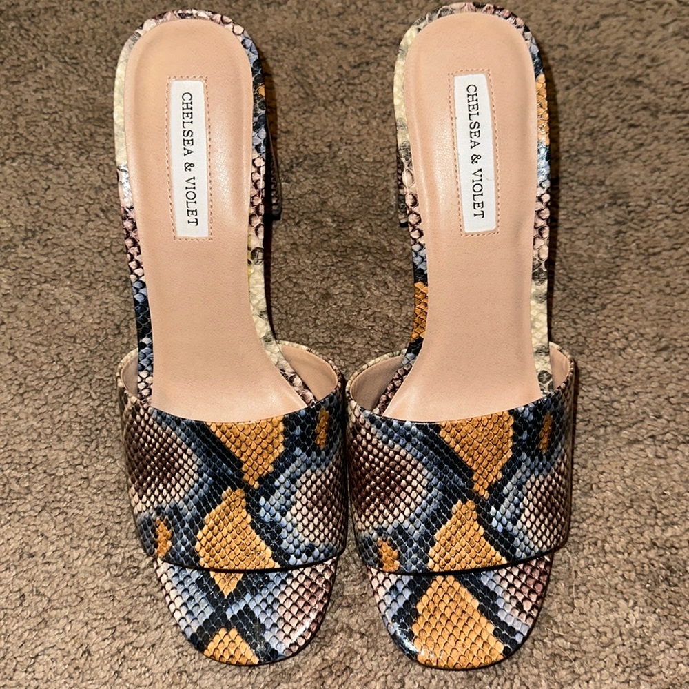 Chelsea & Violet Snake Skin Heels Mules
